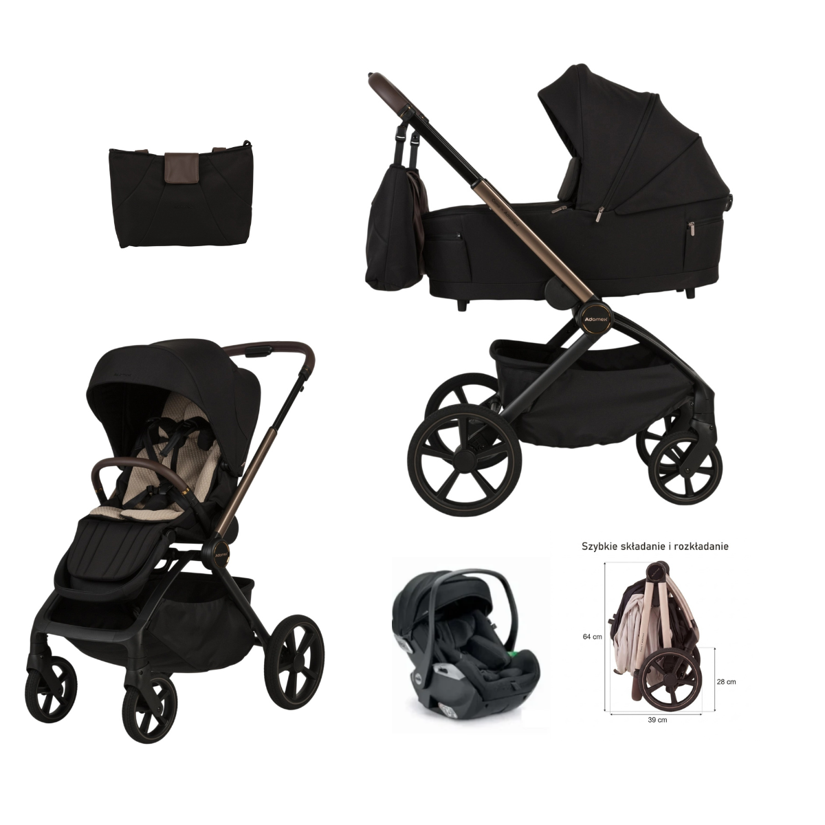 Kočárek 3v1 Como Adamex s polohovatelnou sedačkou Satin Carbon